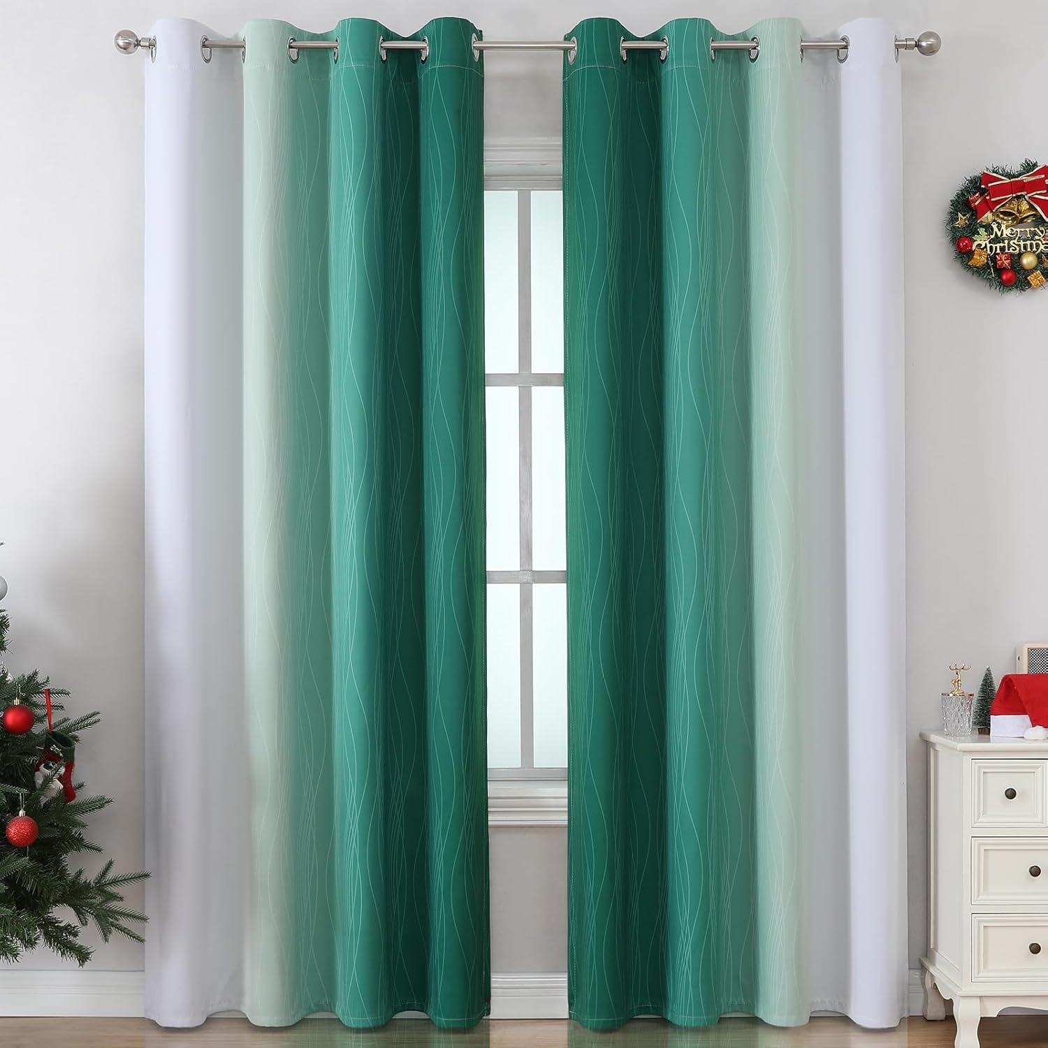 Estelartextiler Estelar Textiler Green and Greyish White Gradient Blackout Curtains for Bedroom, Thermal Insulated Ombre Drapes 96 Inches L…
