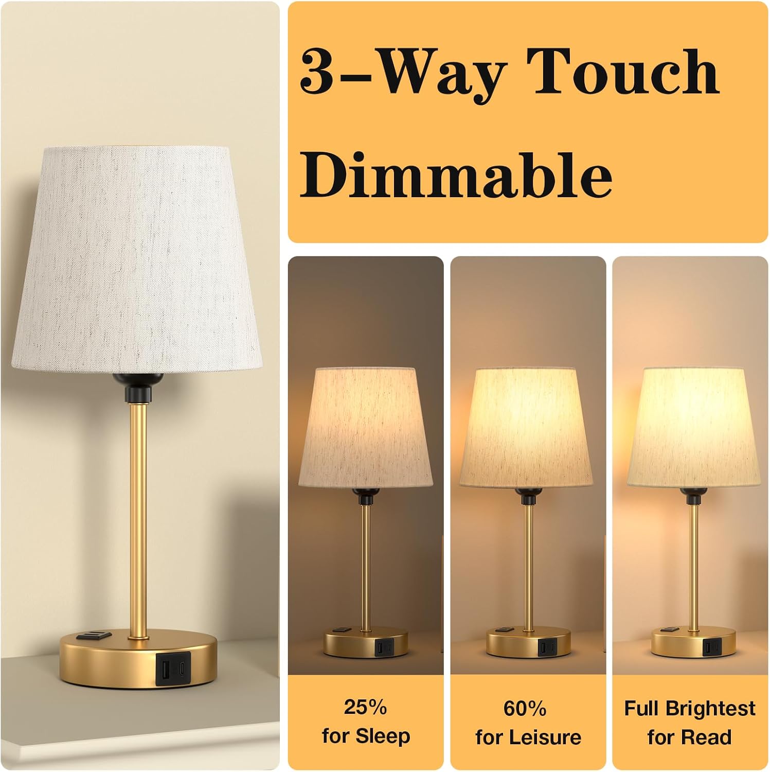 Lamp for bedrooms Set of 2 - Nightstand Bedroom Lamp with USB C Port and AC Outlet Charging, 3 Way Dimmable Touch Control Bed Side Table…