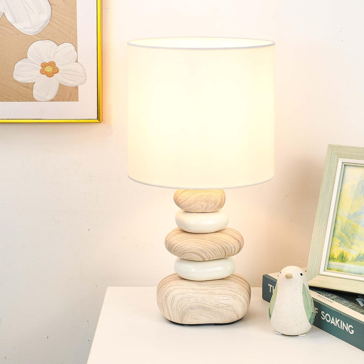 Stoney Ceramic Table Lamp for Living Room as Modern Kids Night Bedside Table Lamp for Bedroom, Φ7.09×H13.58IN, Bulb Excluded, Light Wood