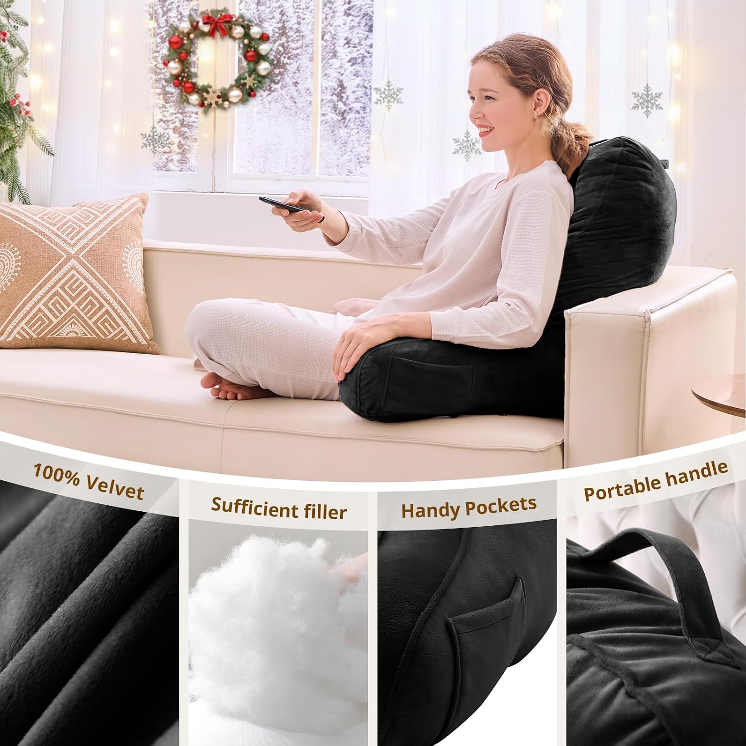 Sasttie Reading Pillow for Bed - 23 Inch, Back Pillow for Bed Sitting Up, Back-Rest Support Cushion with Side Pockets and Arms, Dorm Essent…
