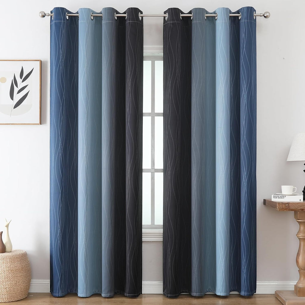Estelartextiler Estelar Textiler Black and Navy Blue Blackout Curtains for Sliding Door, Thermal Insulated Ombre Drapes 108 Inches Long, Fu…
