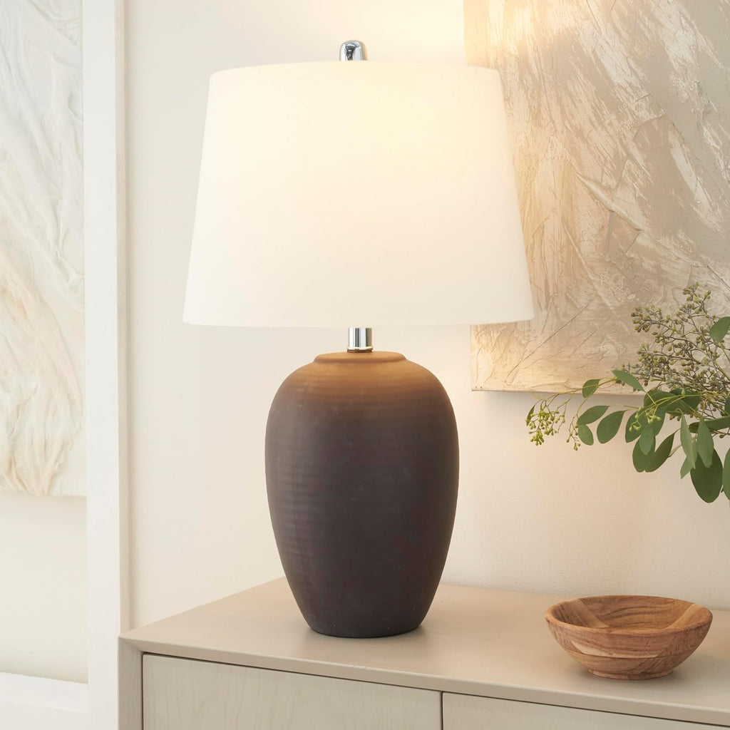 Nourison Home 23" Dark Purple Distressed Ceramic Pot Table Lamp for Bedroom, Living Room, Dining, Office, with White Shade