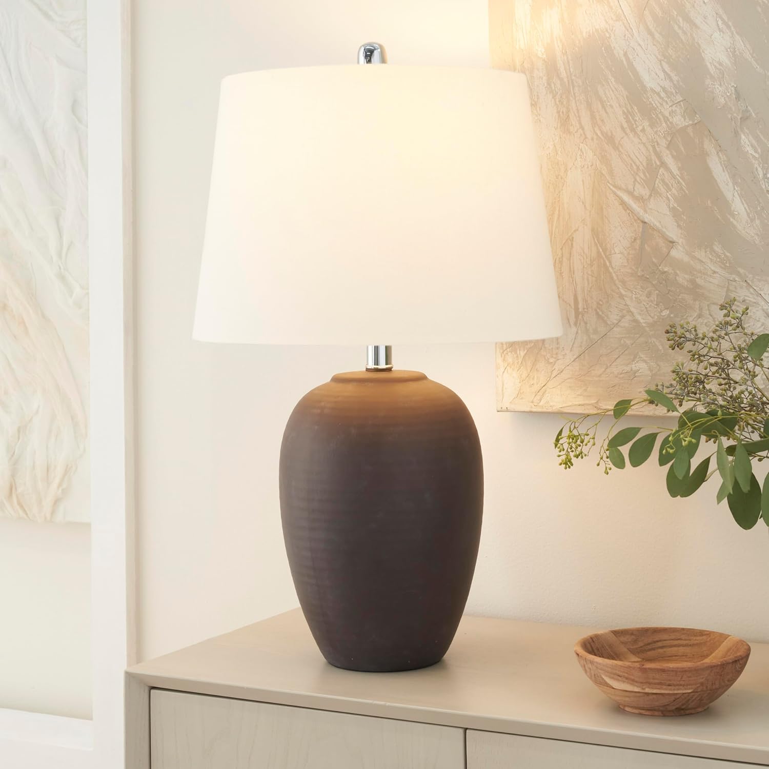 Nourison Home 23" Dark Purple Distressed Ceramic Pot Table Lamp for Bedroom, Living Room, Dining, Office, with White Shade
