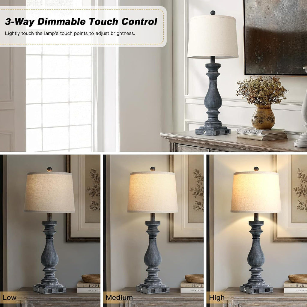 Cinkeda 29" Tall Farmhouse Table Lamp for Living Room Set of 2, Vintage Retro Nightstand Lamps with USB C+A Ports & AC Outlet,3-Way…