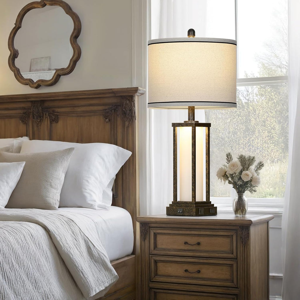Cinkeda 27" Tall Vintage Table Lamp with USB C+A & Outlet, Bronze Industrial End Table Lamp for Living Room, Farmhouse Rustic Bedside Lamp…