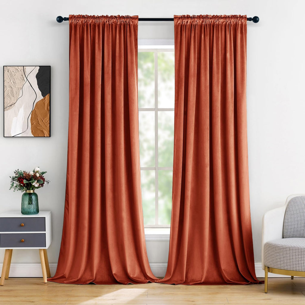 MIULEE Burnt Orange Velvet Curtains Thermal Insulated Blackout Curtain Fall Drapes for Bedroom Living Room Darkening 90 Inches Long Rust…