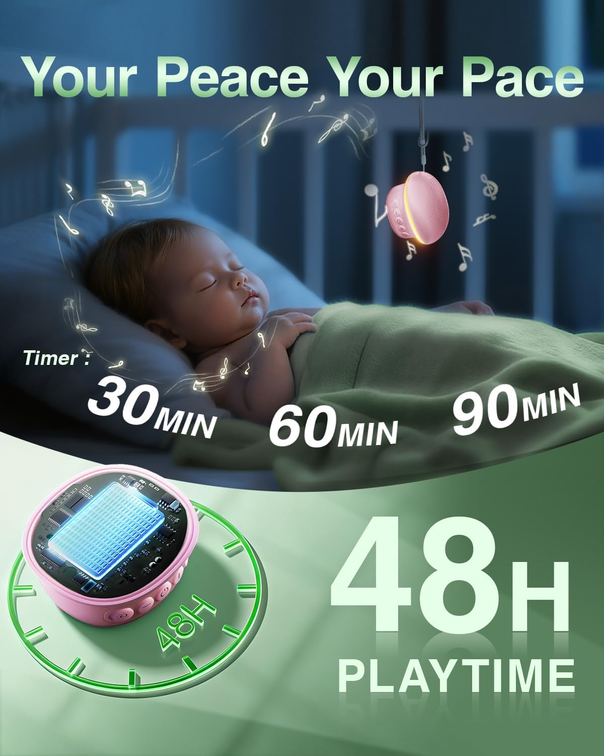 Portable White Noise Sound Machine for Baby Adults, 20 Soothing Sound & 30-Level Volume, 48H Runtime with 30/60/90min Timer, Memory…