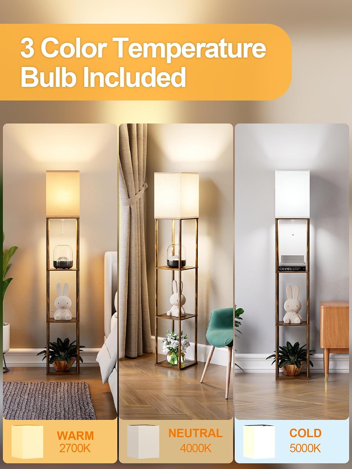 PARTPHONER Floor Lamp with Shelves for Living Room 2 Pack, Shelf Floor Lamp with 3 CCT LED Bulb, Corner Display Standing Column Lamp…