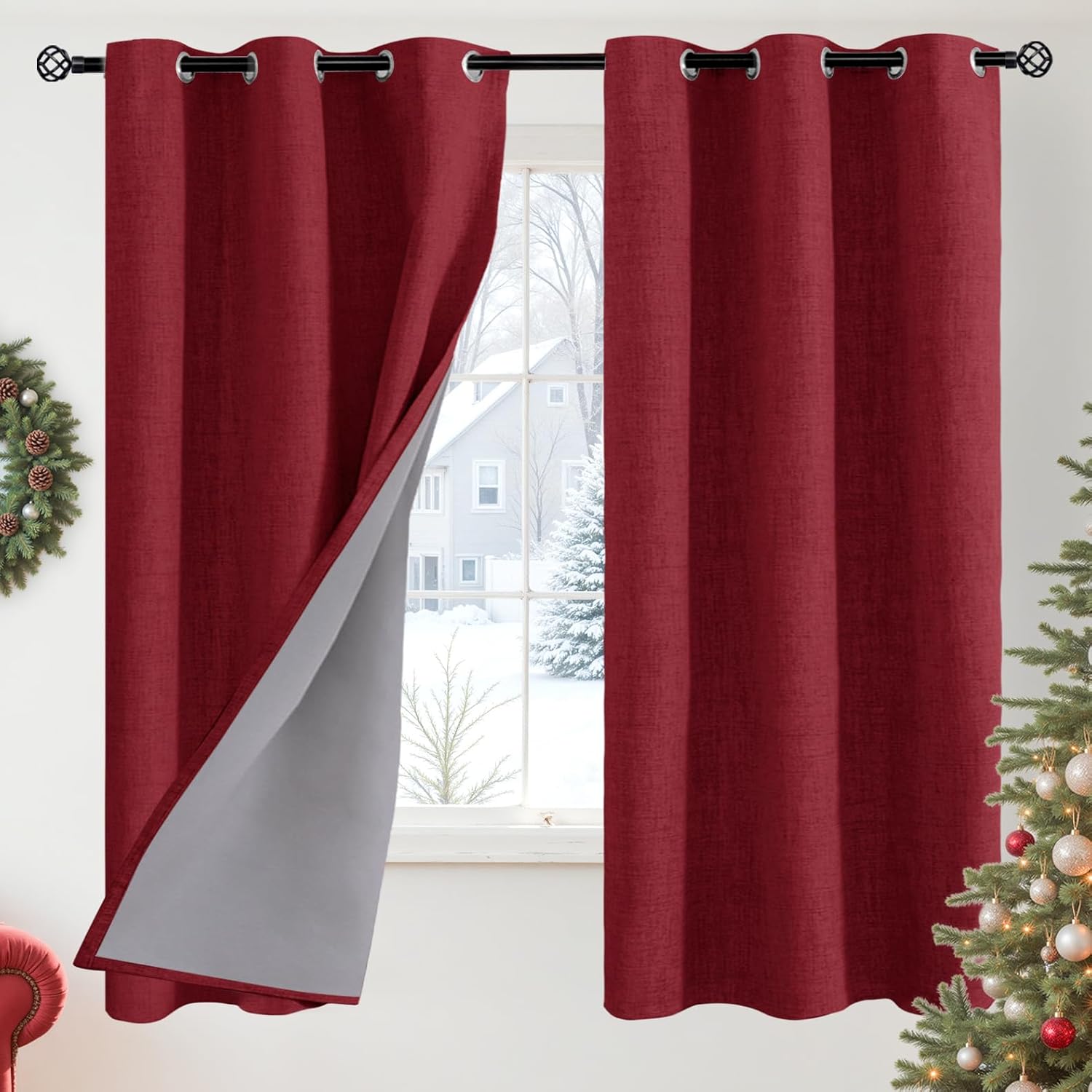 YoungsTex Burgundy Linen Blackout Curtains 63 Inches Long for Bedroom, Thermal Insulated Light Blocking Window Drapes with Grommet for Livi…