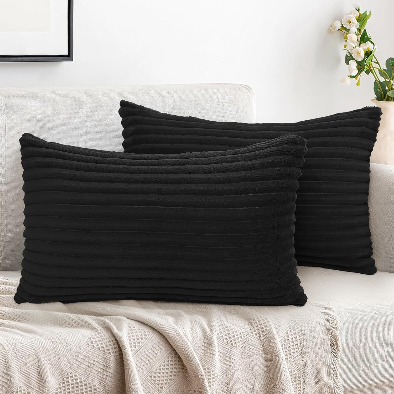 SimmoreHomeDecor Simmore Decorative Throw Pillow Covers 12x20 Set of 2, Soft Natural Plush Flannel Double-Sided Fluffy Lumbar Pillow Covers…