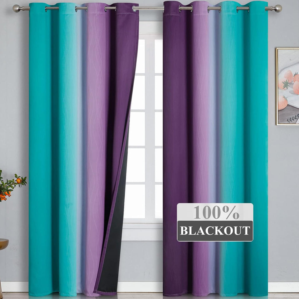 Estelartextiler Estelar Textiler Ombre Purple Blackout Curtains 96 Inches Long, Teal Curtains for Living Room, Grommet Thermal Insulated Gr…