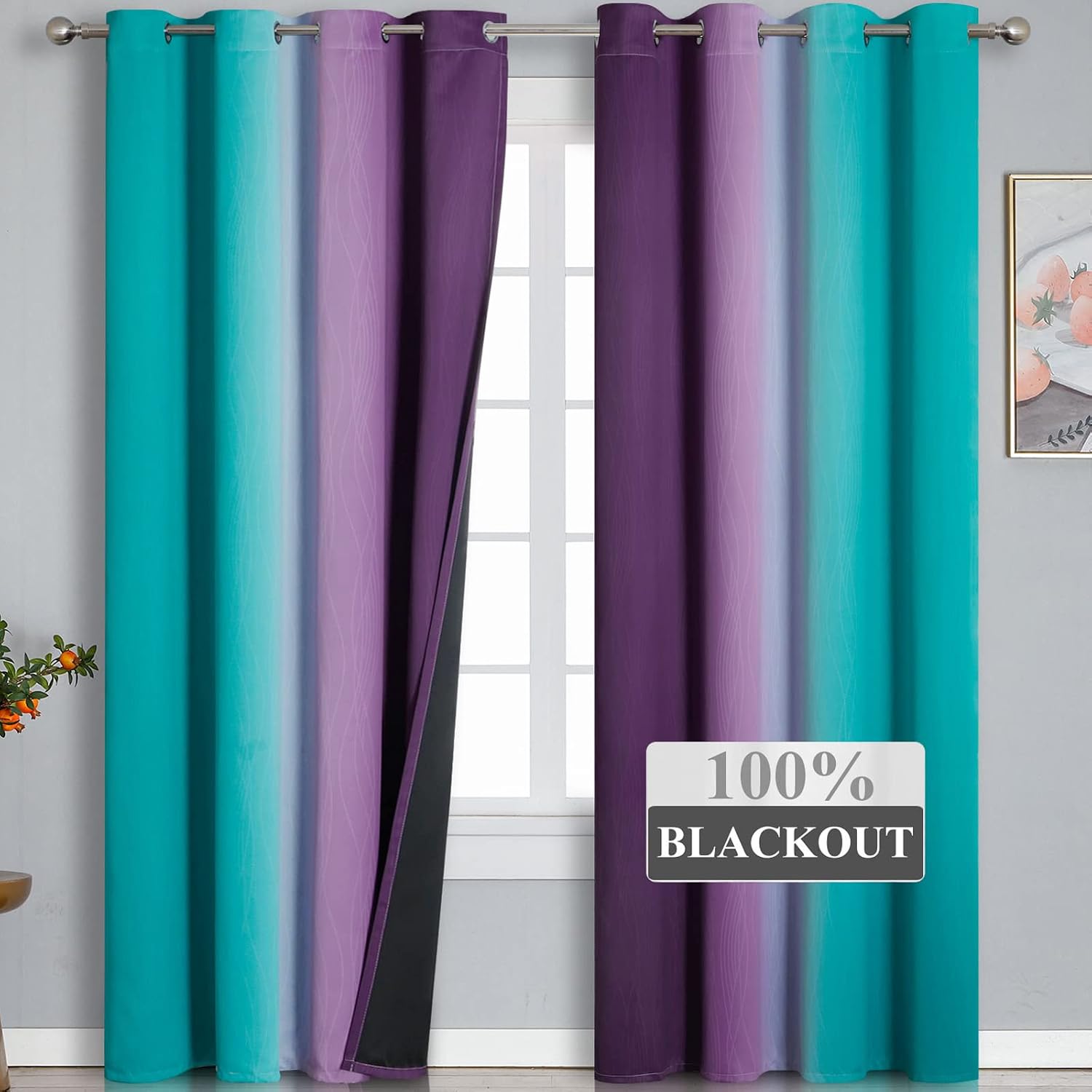 Estelartextiler Teal Blackout Curtains 84 Inches Long, Ombre Purple Blackout Curtains for Bedroom, Grommet Thermal Insulated Gradient Drape…