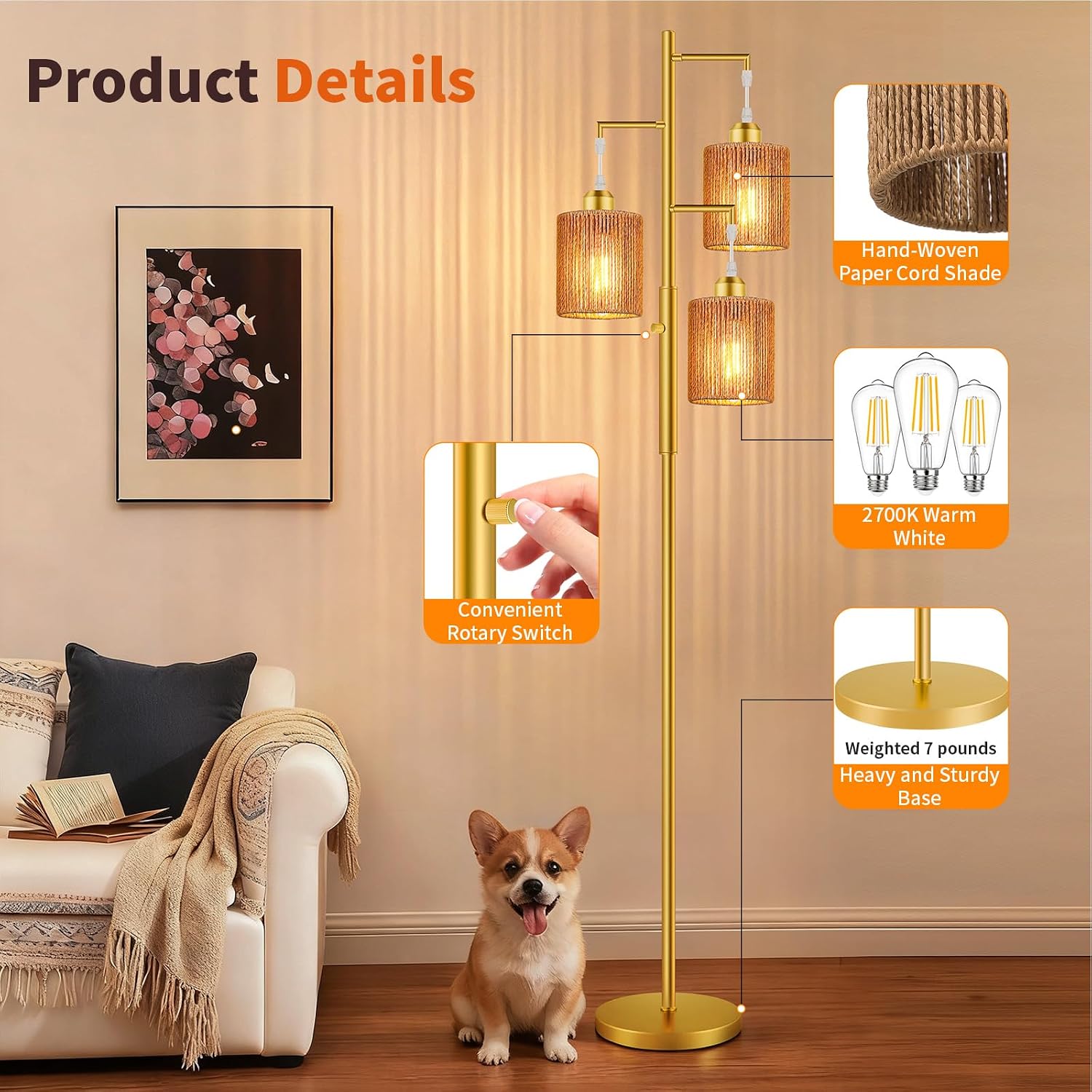 Hotsonic 72" Tall Boho Rattan Style Floor Lamp with Hand-Woven Paper Cord Shade, Dimmable Industrial Tree Standing Lamp for Living Room…