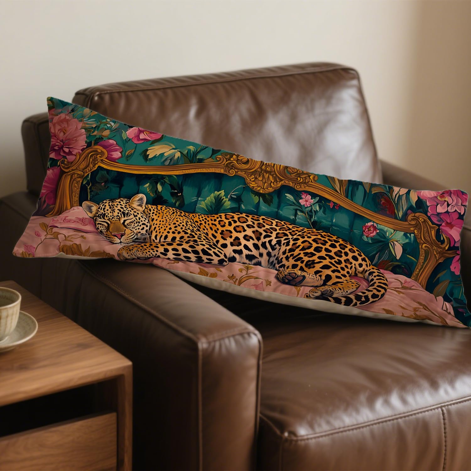 Vintage Leopard Floral 20x54 Body Pillow Cover, Cheetah Room Decor, Trendy Retro Sleepy Leopard Pink Flowers Decorative Long Body Pillow…