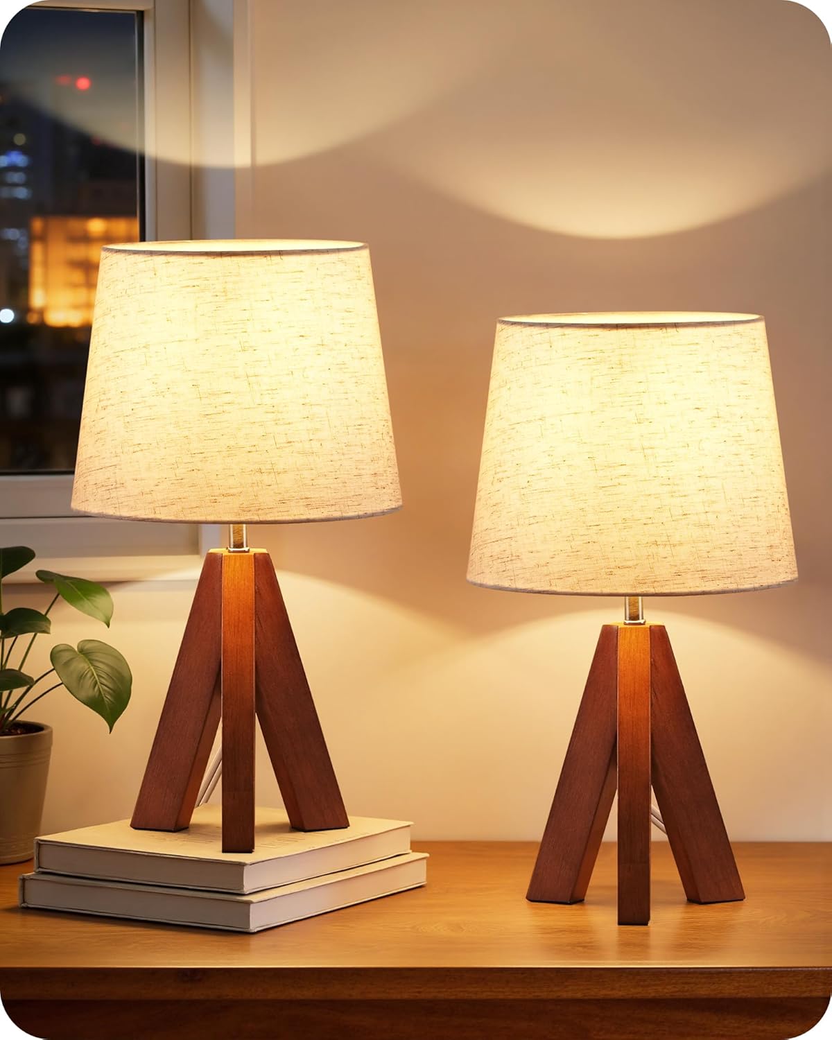 Tripod Table Lamps Set of 2, Small Bedside Lamps, Modern Nightstand Lamp with Dark Pearwood Base & Beige Shade, Boho Desk Light for…