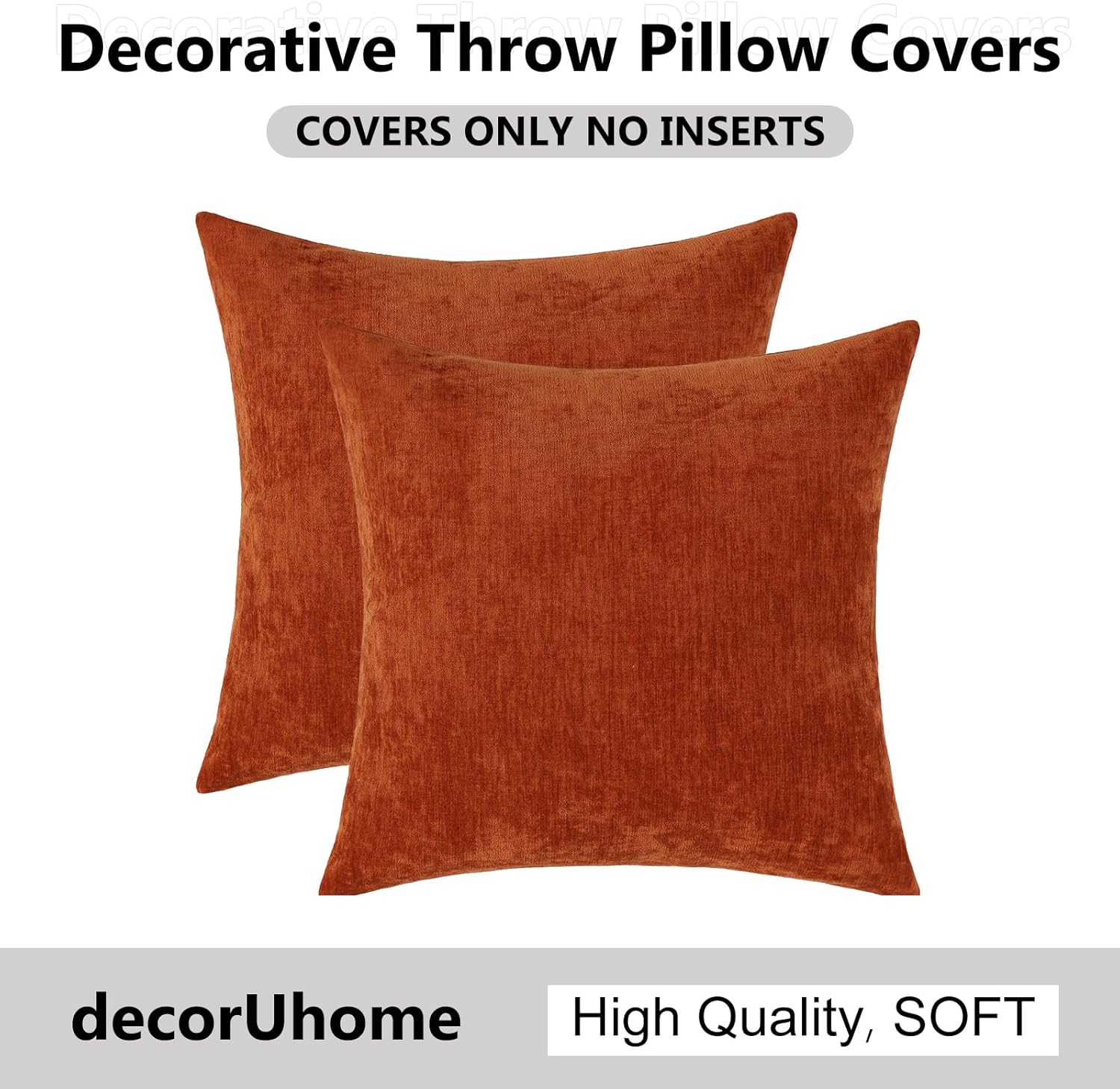 decorUhome Chenille Rust Throw Pillow Covers 16x16 Inch Set of 2, Decorative Soft Couch Pillow Covers Solid Dyed Accent Farmhouse Neutral S…