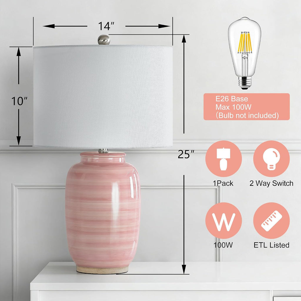 Maxax 25" Pink Ceramic Table Lamp for Living Room, Modern Ceramic Bedside Lamp for Bedroom, End Table Lamp with White Farice for…