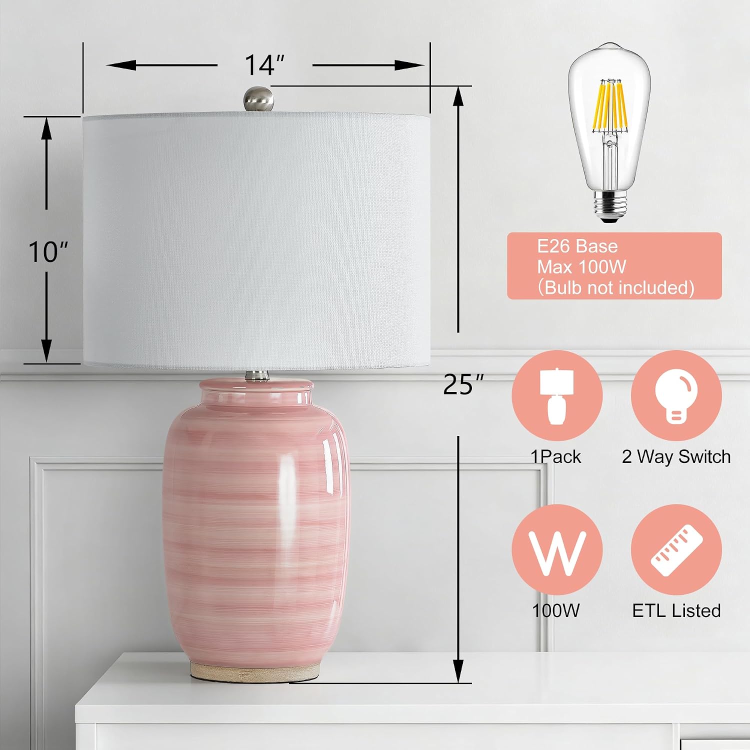 Maxax 25" Pink Ceramic Table Lamp for Living Room, Modern Ceramic Bedside Lamp for Bedroom, End Table Lamp with White Farice for…