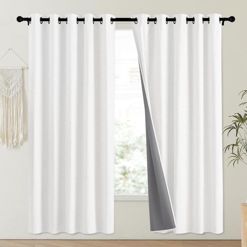 NICETOWN 100% Absolutely Blackout Linen Curtains with Thermal Insulated Liner, Greyish White, 62" Wide, 72" Length Energy Saving Curtains…