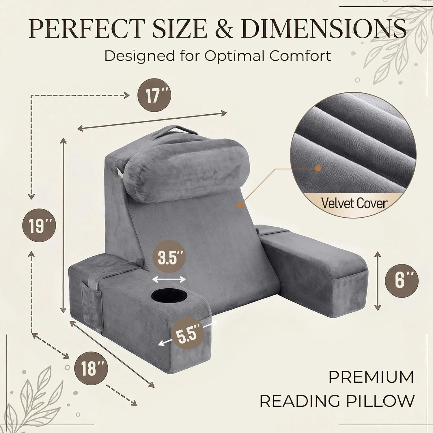 Asawesling 19 INCH Reading Pillow for Adults, Back Pillow for Bed Sitting Up, Backrest Pillow for Sitting in Bed, Detachable Arms with Buil…