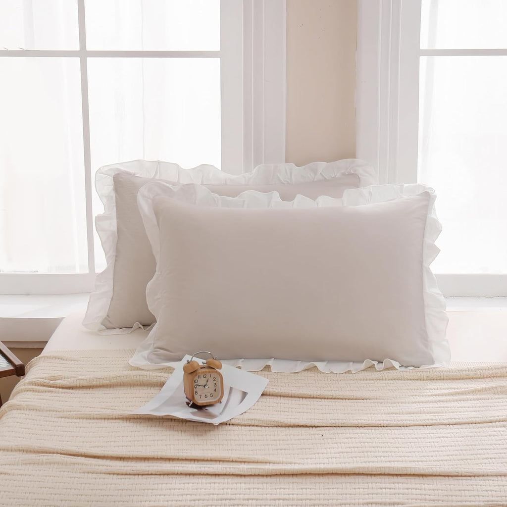 Merryword Beige Pillow Shams Standard Pillowcases 20x26inch Beige and White Reversible Cute Pillow Cover Set of 2 Soft Shabby Chic Ruffled…