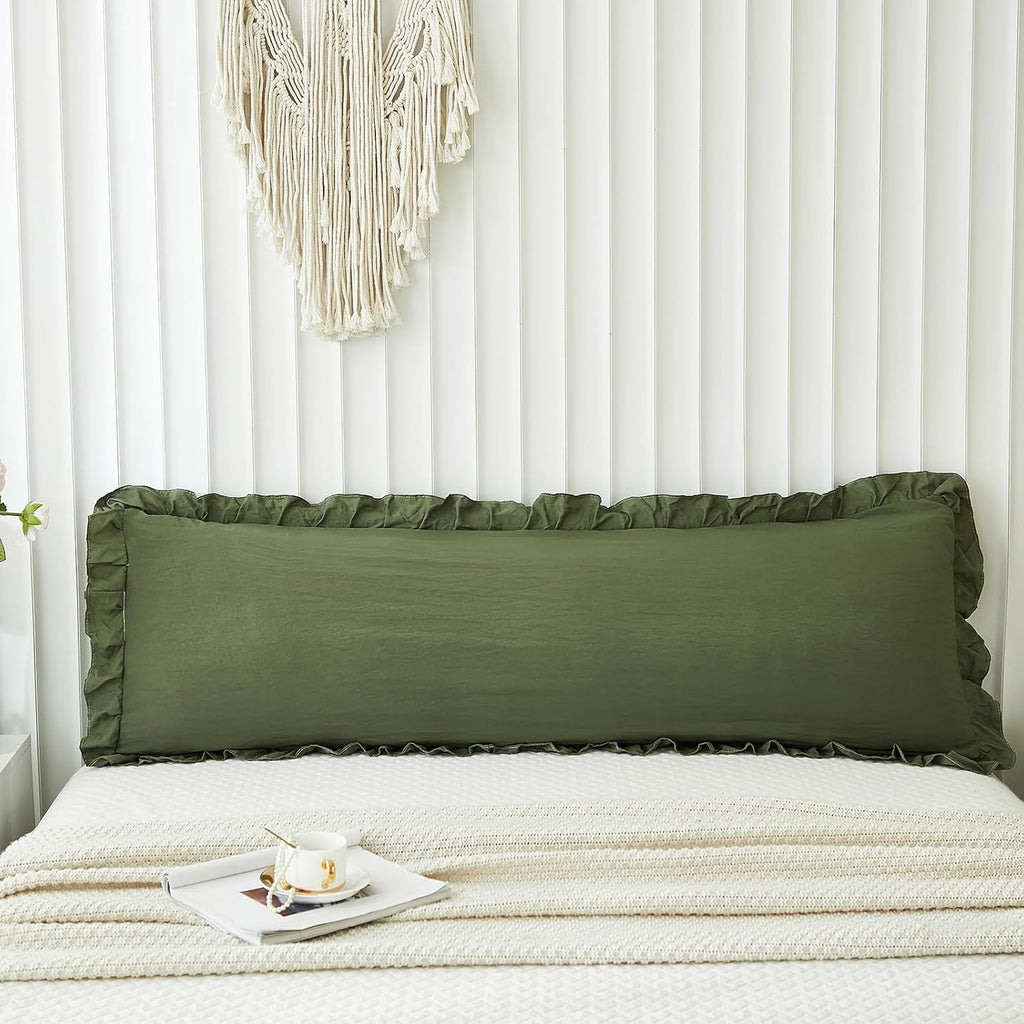 Merryword Shabby Chic Olive Green Body Pillow Cover - 20x54in Long Pillowcase with Ruffled Fringe Decor Green