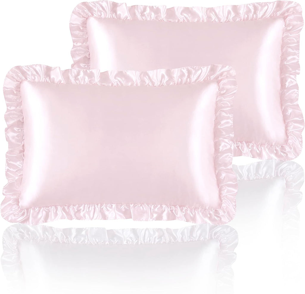 HommxJF Blush Pink Satin Ruffled Pillow Cases for Hair and Skin, Blush Pink Silk Pillowcases Standard Set of 2 with Envelope Closure Princes…