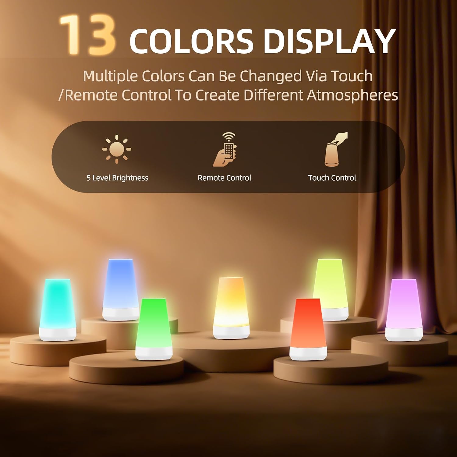 Night Light, Dimmable Touch Lamp and Remote Control, 13 RGB Colors & 5 Brightness, Rechargeable Bedside Table Lamp for Baby Kids Nursery…