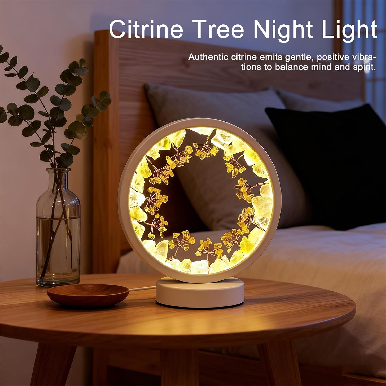 Runyangshi Natural Crystal Citrine Small Tree Round White Frame Tri-Color Ambient Light Home Decoration Night Light Healing Decor Gift