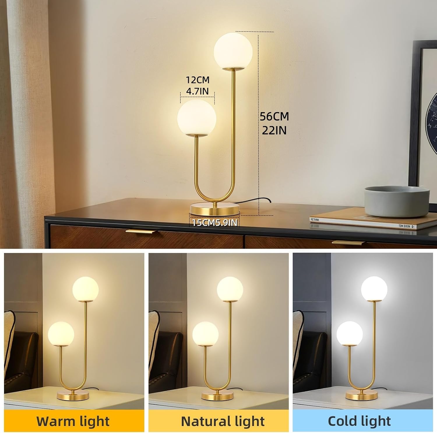 KardleenFocusOnIndoorLight Mid Century Modern Globe Table Lamp Gold U-Shape Glass Table lamp 2-Globe Bedside Lamp with LED G9 Light Source…