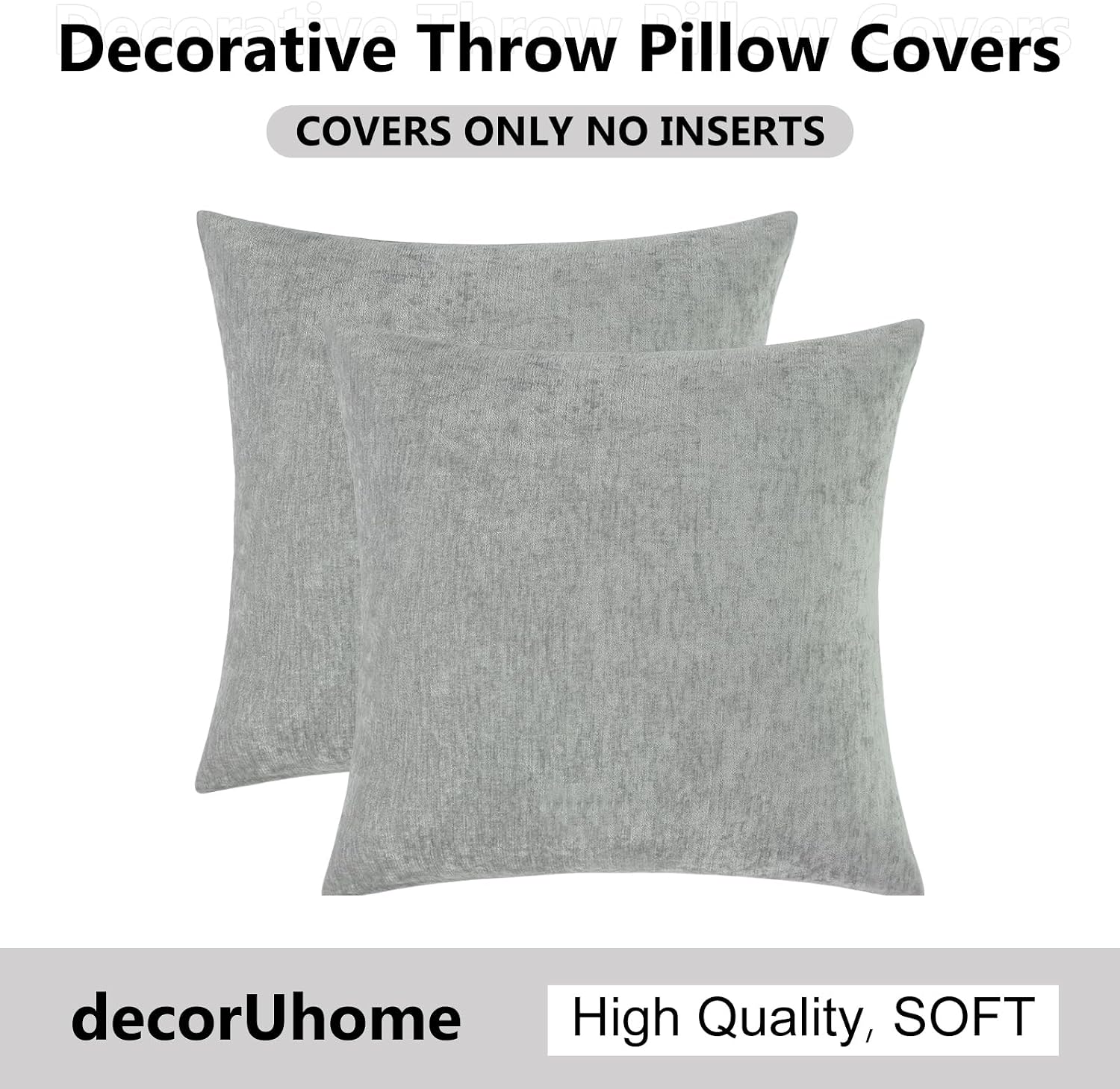 decorUhome Chenille Grey Throw Pillow Covers 16x16 Inch Set of 2, Decorative Soft Couch Pillow Covers Solid Dyed Accent Farmhouse Neutral S…