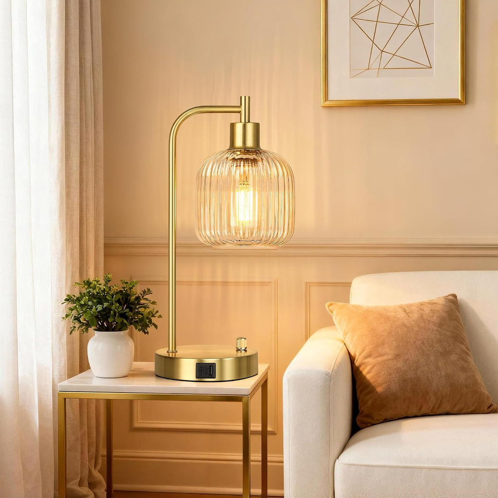 QiMH Industrial Table Lamp for Bedroom Set of 2, Clear Glass Beside Lamp with USB A&C Ports, Stepless Dimmable Gold Lamps, Nightstand…