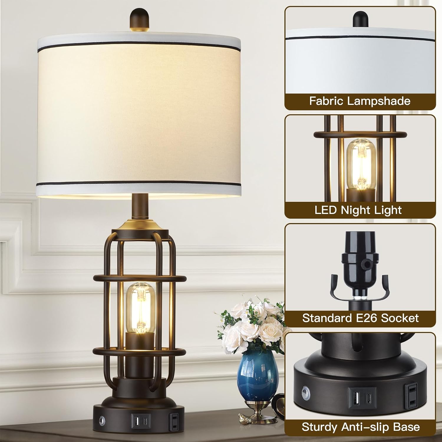26" Modern Lamp for Living Room, Industrial 3-Way Dimmable Beside Table Lamp with USB A+C Charging Ports & AC Outlet, Touch Control…