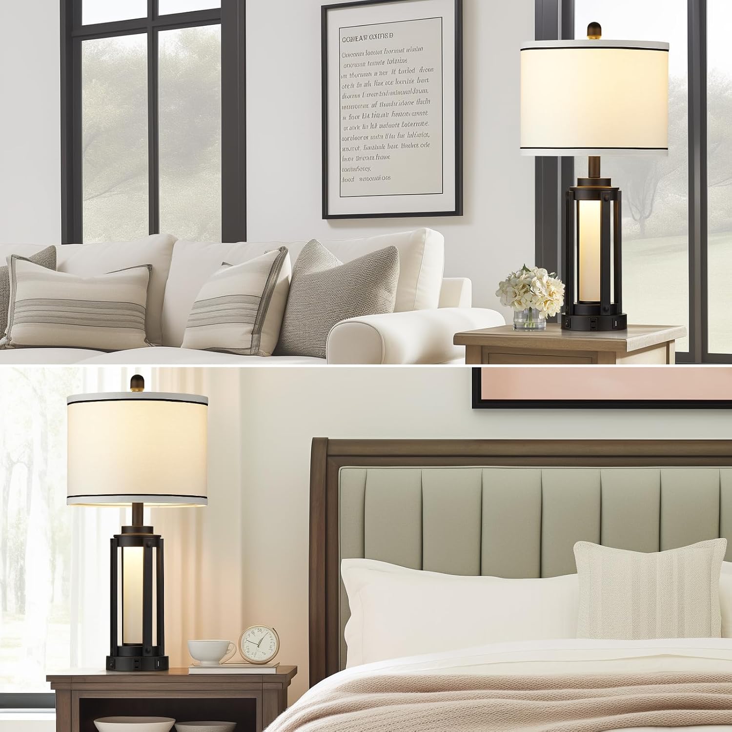 26" Modern Table Lamp with USB A+C Charging Ports & AC Outlet, Industrial Beside Contemporary Lamp Glass LED Night Light for Living Room…