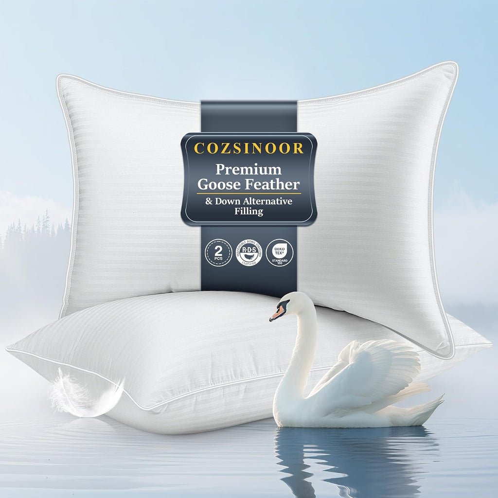 COZSINOOR Goose Feather Pillows Queen Size - Pack of 2, Hotel Down Bed Pillow for Sleeping, Soft 600 TC Cotton Cover, Fluffy Support…