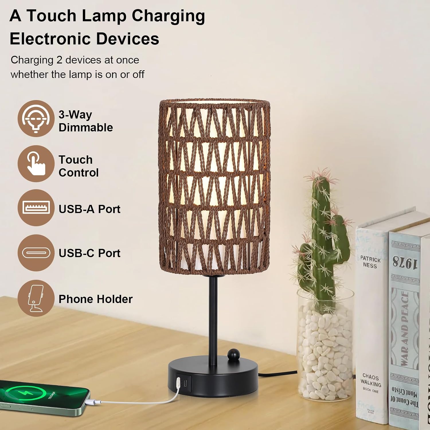 Bedside Lamps Set of 2, Touch Control Night Stand Lamp for Bedroom with Rattan & Linen Shade & Bulbs, 3 Way Dimmable Small Boho Table…