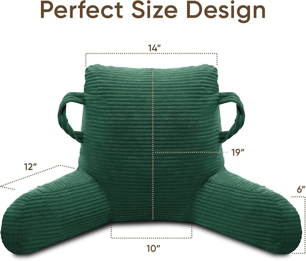 Reading Pillow for Sitting in Bed Adult, Bed Reading Pillow with Shredded Memory Foam, Back Pillow for Sitting with Arms and Pockets, Green