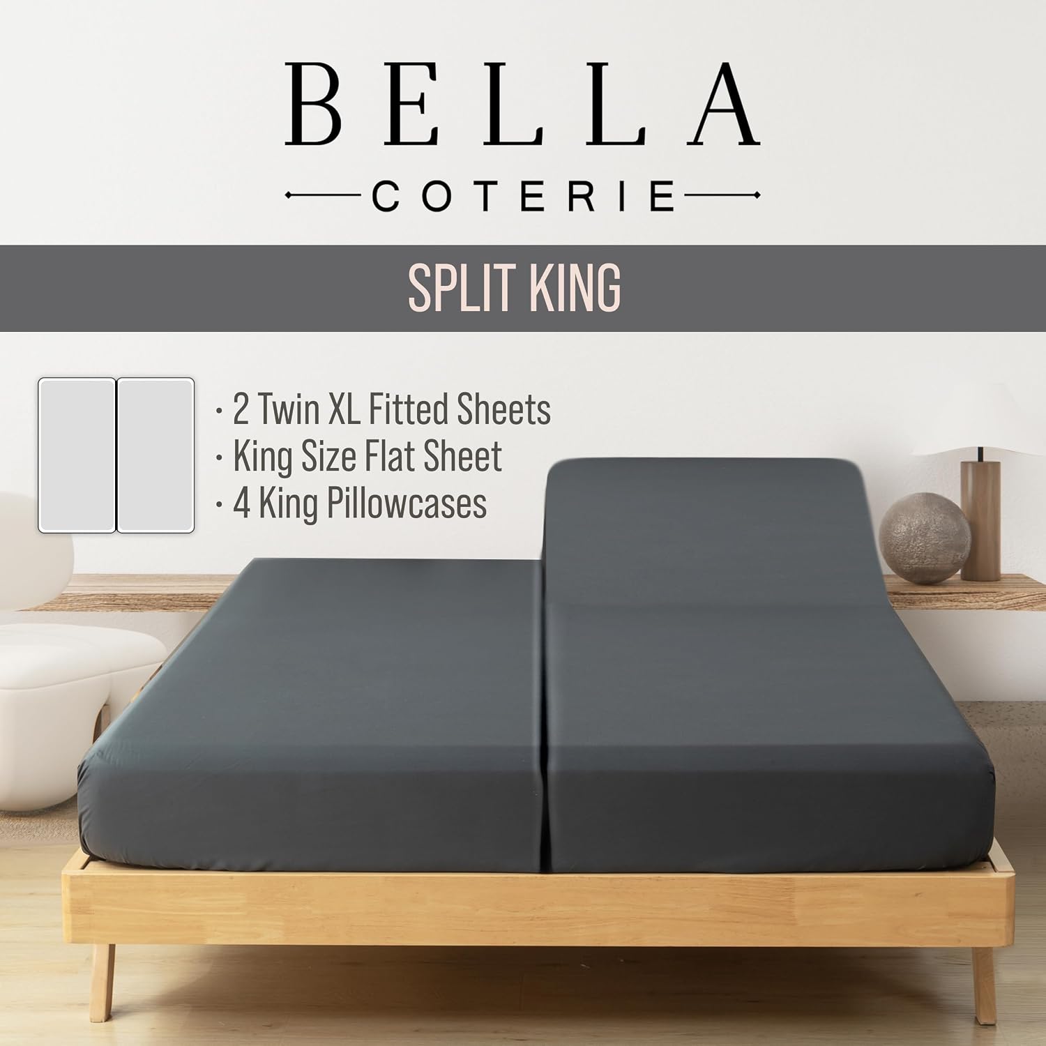 Bella Coterie 7 Piece Luxury Bamboo Viscose Split King Size Sheet Set | 2 Fitted Sheets for Adjustable Beds | 100% Organically Grown |…