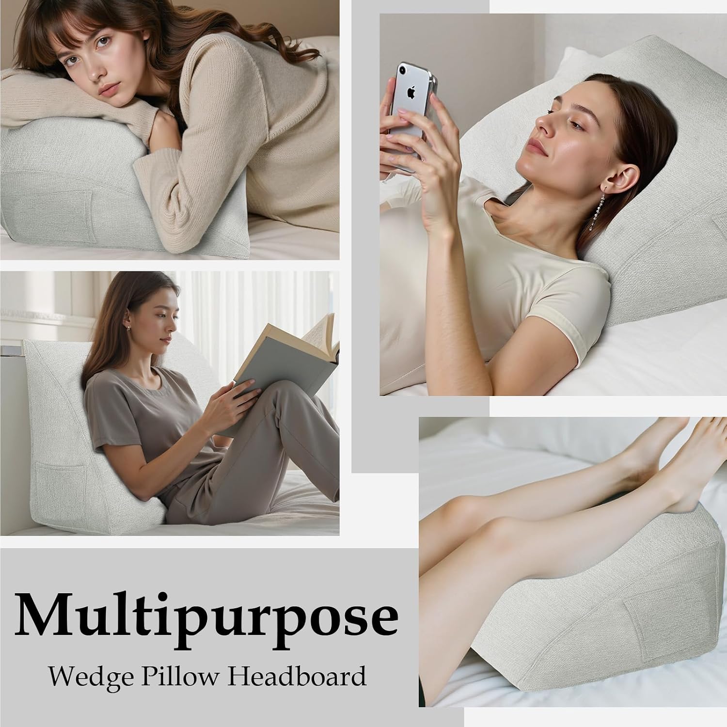 Wedge Headboard Pillow Reading Pillows for Sitting in Bed Adult Backrest Cushion with Removable Cover Side Pockets Sofa Ivory White…
