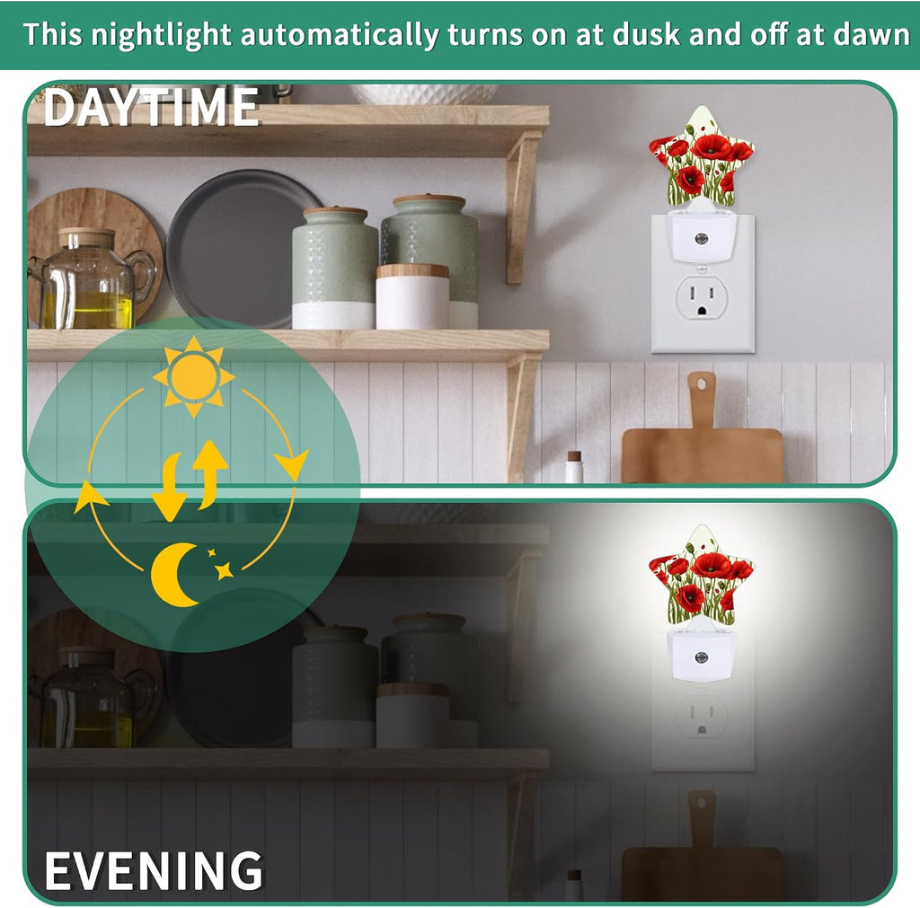Star Night Light with Dusk to Dawn Sensor, Red Flowers Plug in Night Light for Kids Bedroom Nursery, Soft Warm Glow Lamp for Hallway…