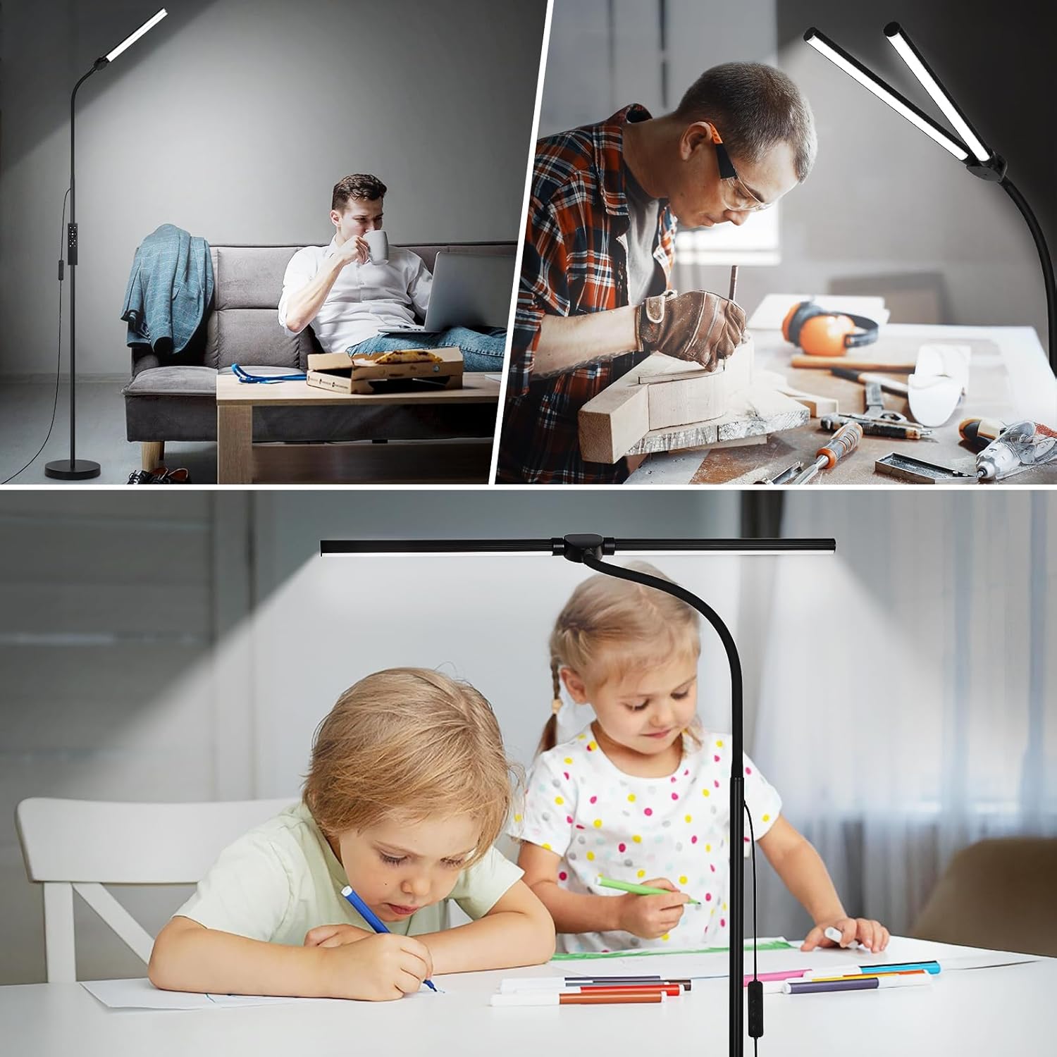 LED Floor Lamp with Remote Control, Bright 18W Floor Lamps for Living Room with Double Head, Adjustable Gooseneck Standing Lamp, Eye…