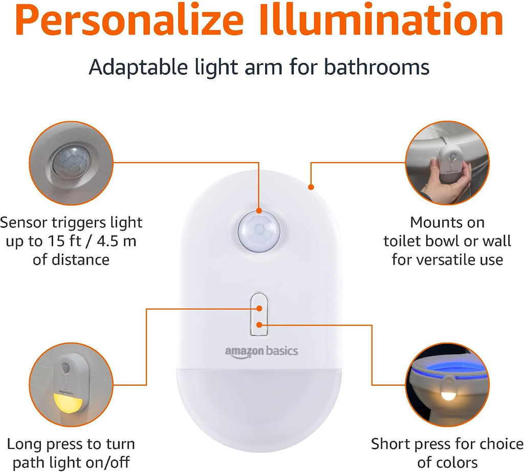 Amazon Basics Color Changing LED Toilet Bowl Motion Sensor Light, Battery Operated, Auto-off After 60 Seconds, 15 ft Detection Range, 2…