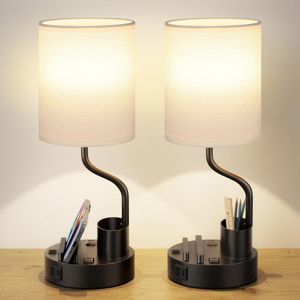 White Bedside Table Lamps for Bedroom Set of 2 - Nightstand Light with AC Outlet and USB A & C for Charging, 3 Color Temperatures Desk…