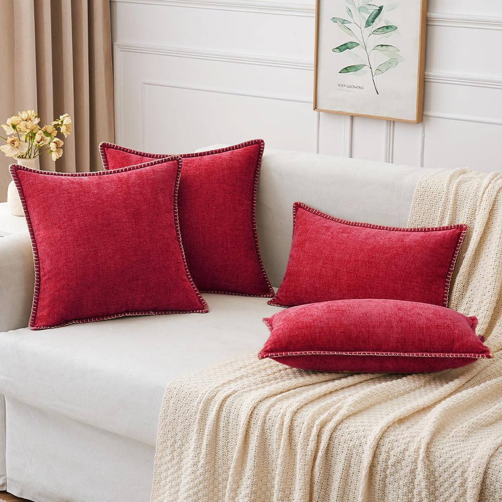 Miulee Pack of 2 Lumbar Throw Pillow Covers 12x20 Inch Red Farmhouse Decorative Pillow Covers with Stitched Edge Soft Chenille Solid Dyed P…