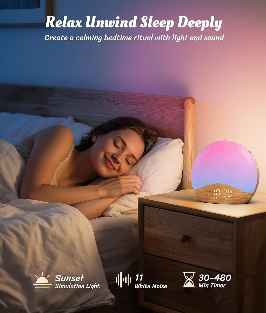 ecozy Wood Grain Sunrise Alarm Clock, White Noise Sound Machine, Music-Sync Lights, Upgraded Backlit Buttons for Bedrooms, 26 Soothing…