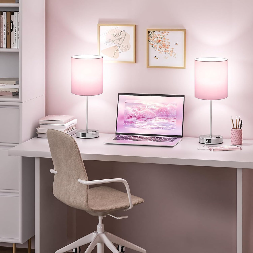Fenmzeelighting Pink Touch Lamps for Nightstand Set of 2 - Bedside Table Lamp for Bedroom with Dual USB Ports & AC Outlet, 3-Way Dimmable L…