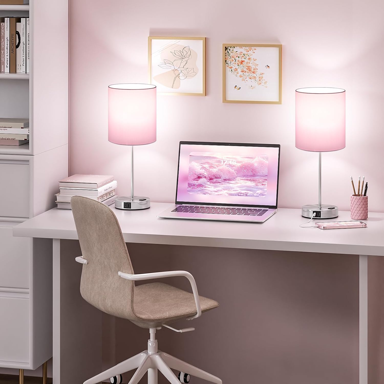 Fenmzeelighting Pink Touch Lamps for Nightstand Set of 2 - Bedside Table Lamp for Bedroom with Dual USB Ports & AC Outlet, 3-Way Dimmable L…