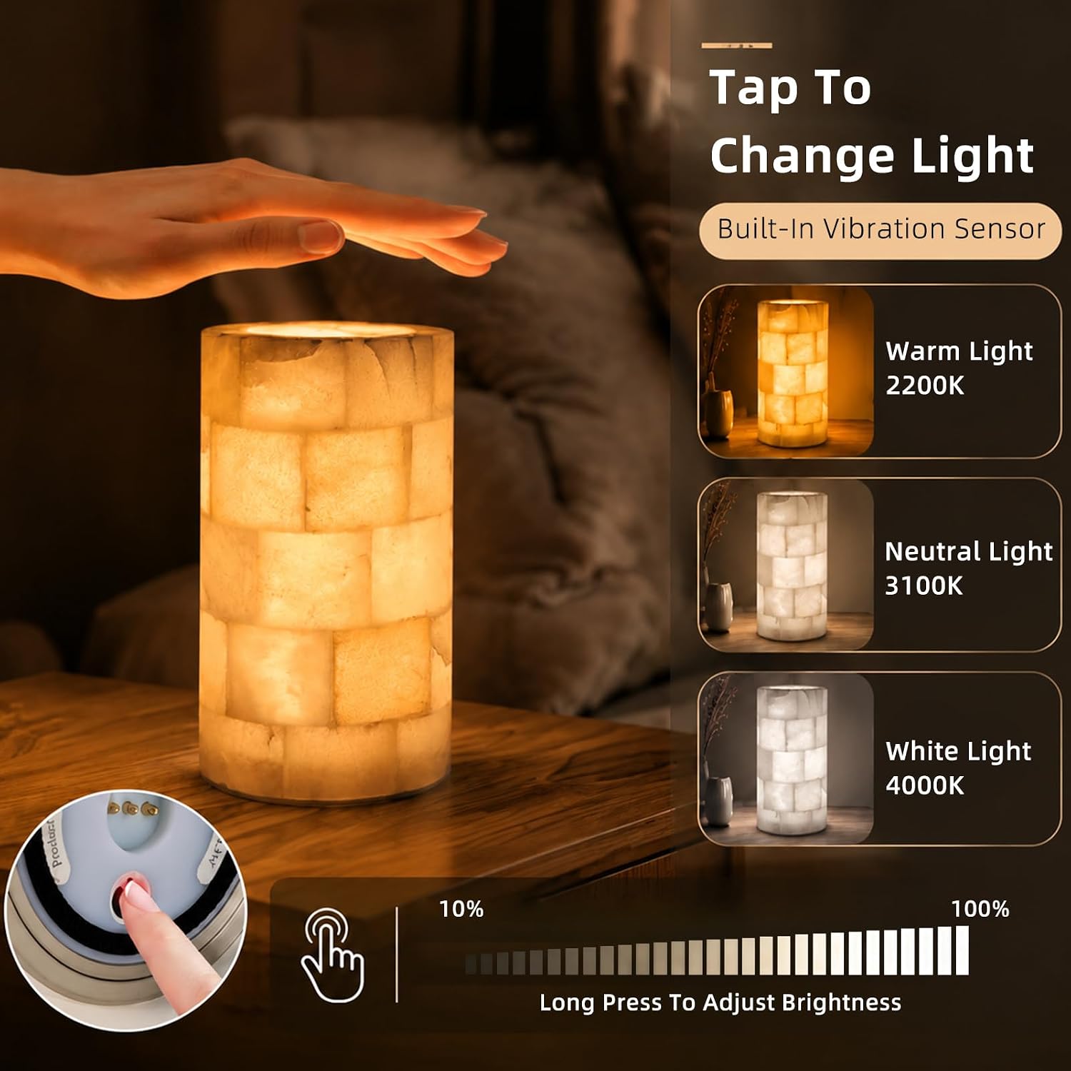 Marble Touch Lamp, Rechargeable Alabaster Table Lamp, Cordless Night Light, Battery Operated Bedside Light for Nightstand, Living Room…