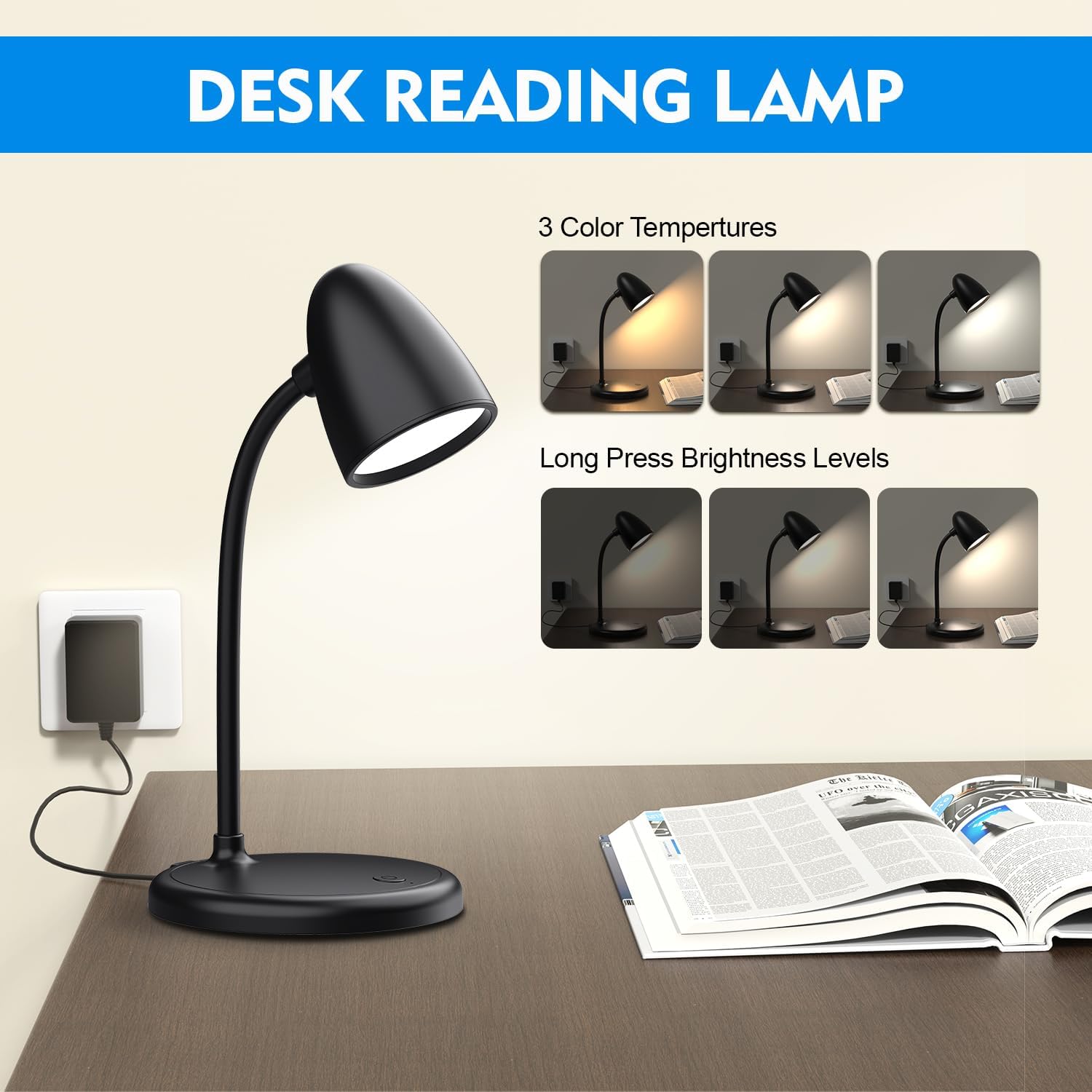LED Desk Lamp for Home Office,3 Light Colors, Table Lamp, Dimmable Reading Light for Bedside Small Desk Lamp for College Dorm Room, Bedroom…