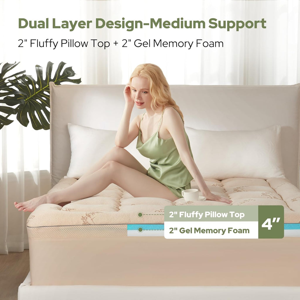 Bedlore California King Memory Foam Mattress Topper 4 Inch,2-in-1 Dual Layer Design (2"Gel Memory Foam + 2"Plush Pillow Top Cover) Mattress…